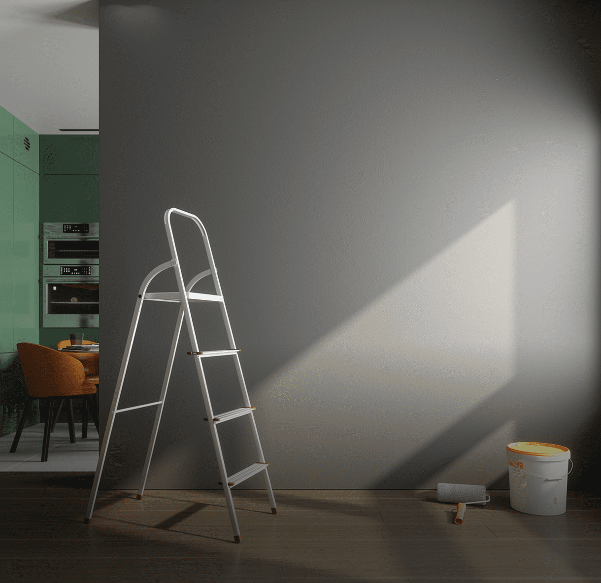 Ladder and painting supplies near wall.