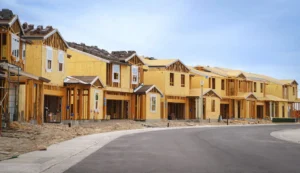 Row of houses under construction, unfinished street.