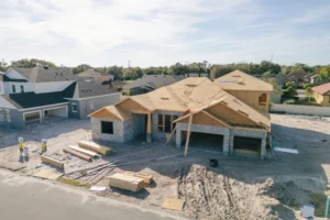 House under construction in suburban neighborhood.