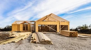 House under construction with wooden framework.
