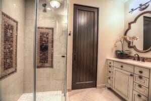 Modern bathroom with wooden door