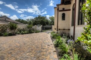 Sunny courtyard with brick pathway