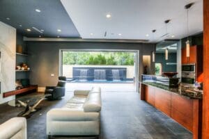 Modern living room with pool view