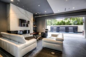 Modern living room with open patio view