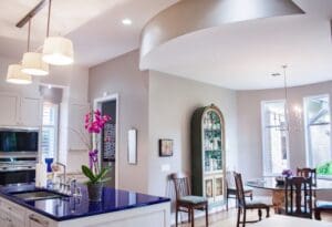Bright kitchen with purple countertop