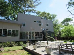 Modern house with large windows and deck