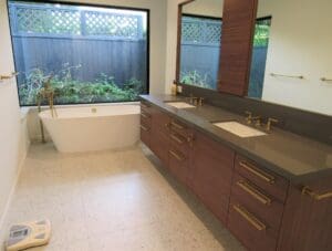 Bathroom with large window and garden view