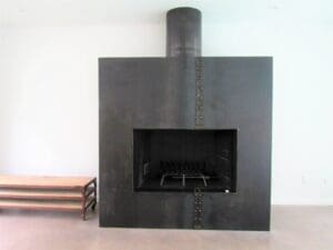 Modern metal fireplace with chimney